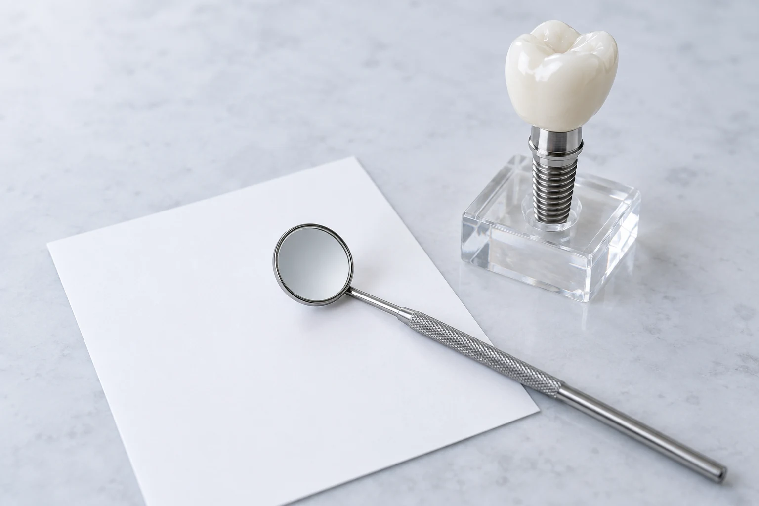 Modèle d’implant dentaire sur un socle transparent, miroir d’examen et fiche blanche vierge.