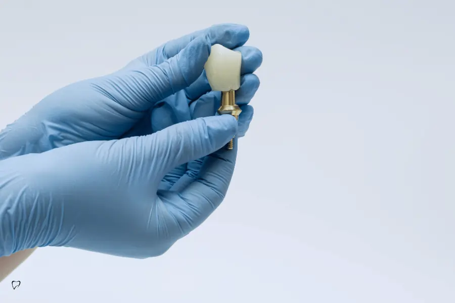 Mains gantées de bleu tenant un modèle de couronne dentaire sur un implant.
