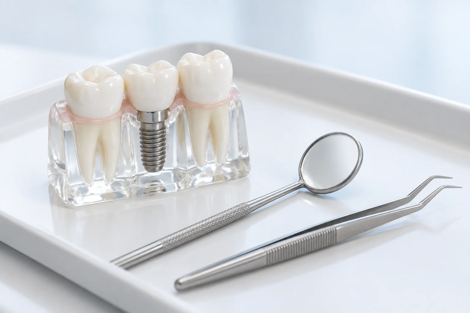 Modèle dentaire avec un implant entre deux dents, un miroir et une pince sur un plateau blanc.