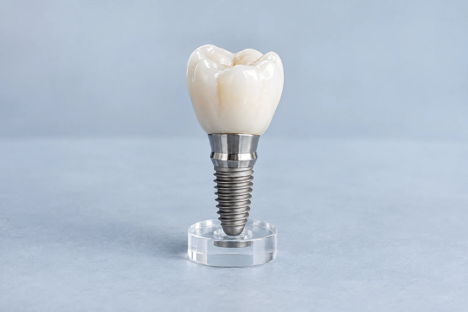 Modèle pédagogique d’un implant dentaire surmonté d’une couronne, posé sur un support transparent.