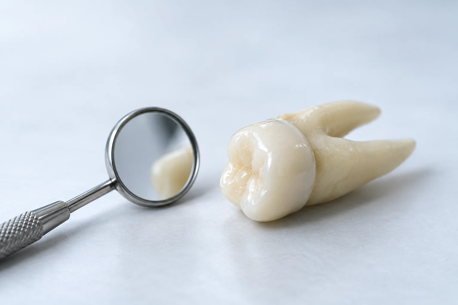 Modèle de dent recouvert d’une couronne, avec un miroir d’examen.