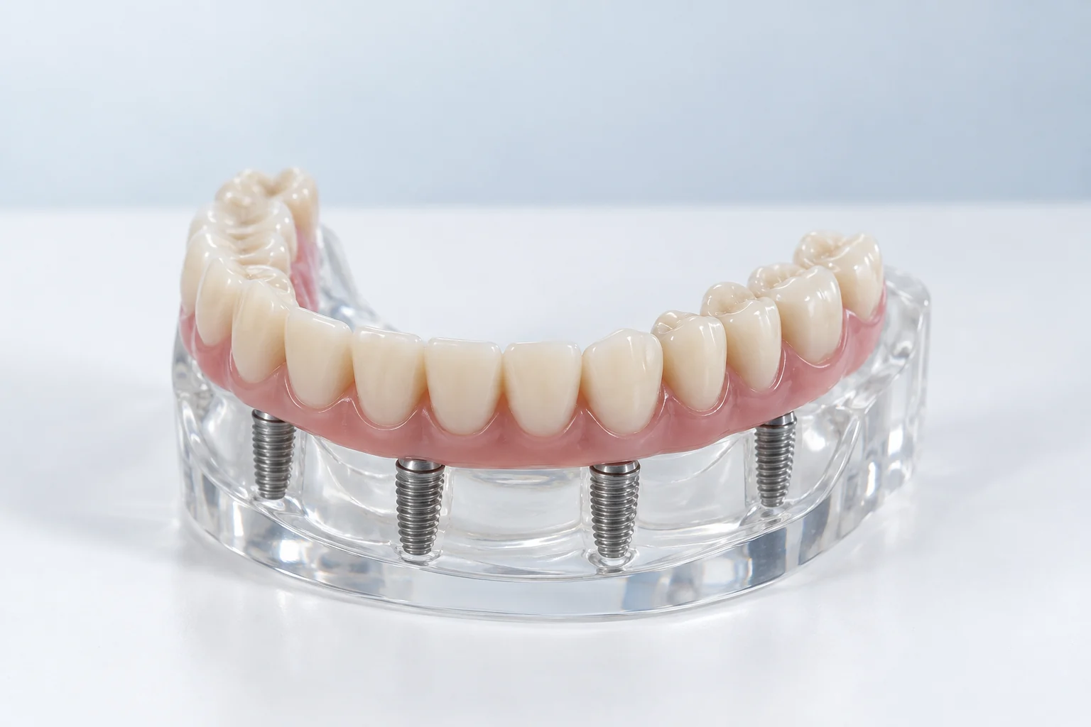 Modèle pédagogique d’une arcade dentaire complète fixée sur des implants visibles dans un support transparent.