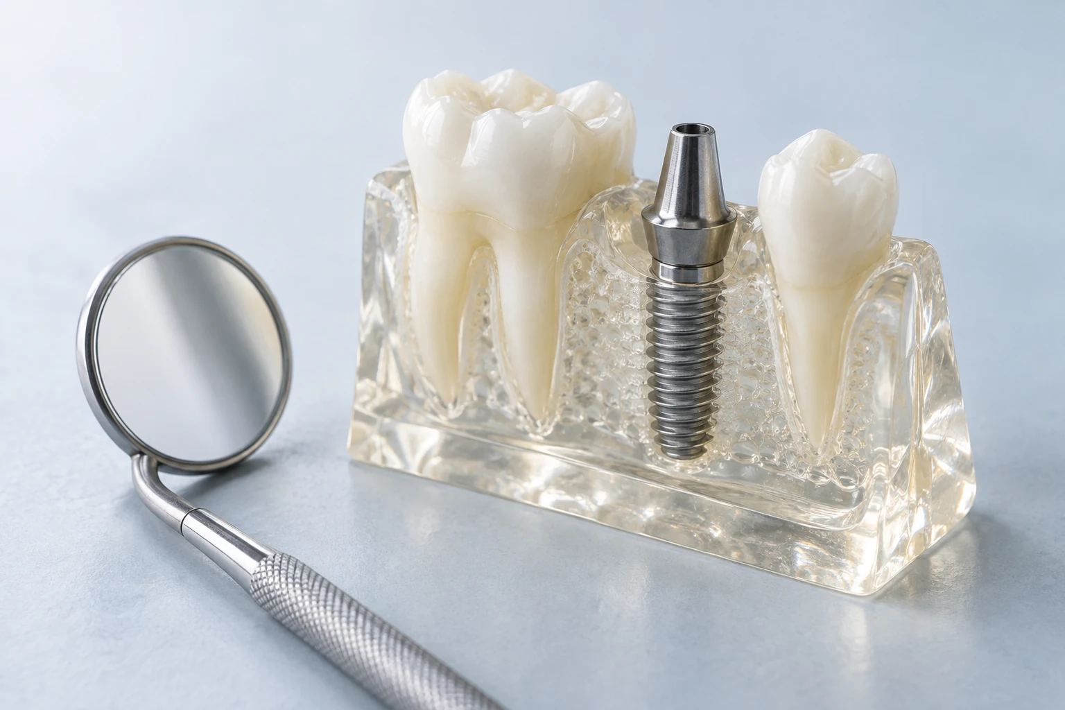 Modèle transparent montrant un implant dentaire entre deux dents, avec un miroir d’examen.