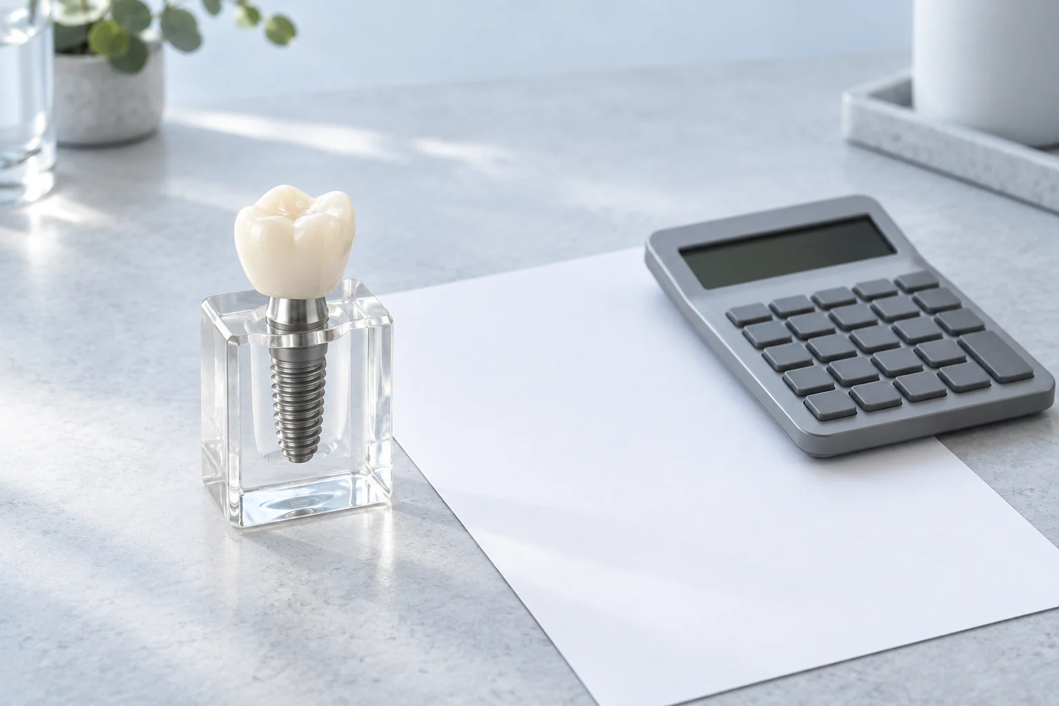 Modèle d’implant dentaire à côté d’une calculatrice et d’une feuille de devis vierge.