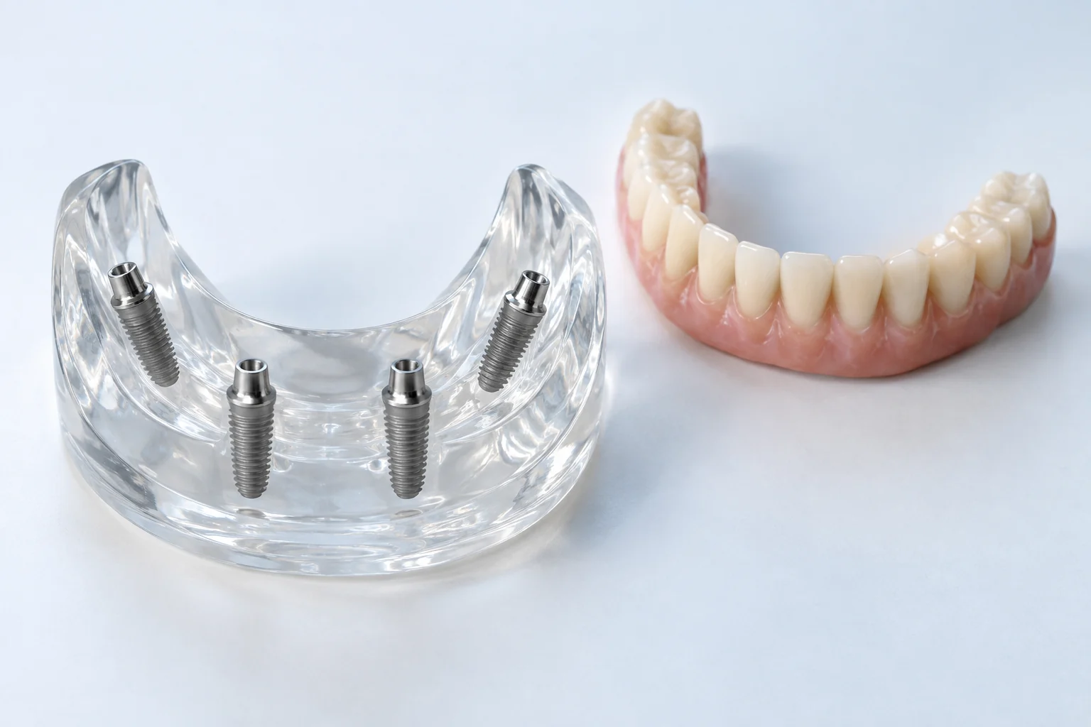 Modèle pédagogique avec quatre implants dans une base transparente et prothèse complète posée à côté.