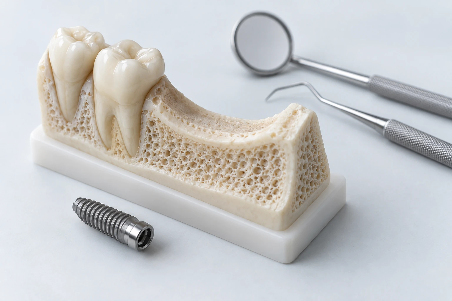 Modèle pédagogique de mâchoire montrant l’os, avec un implant en titane et des instruments d’examen.
