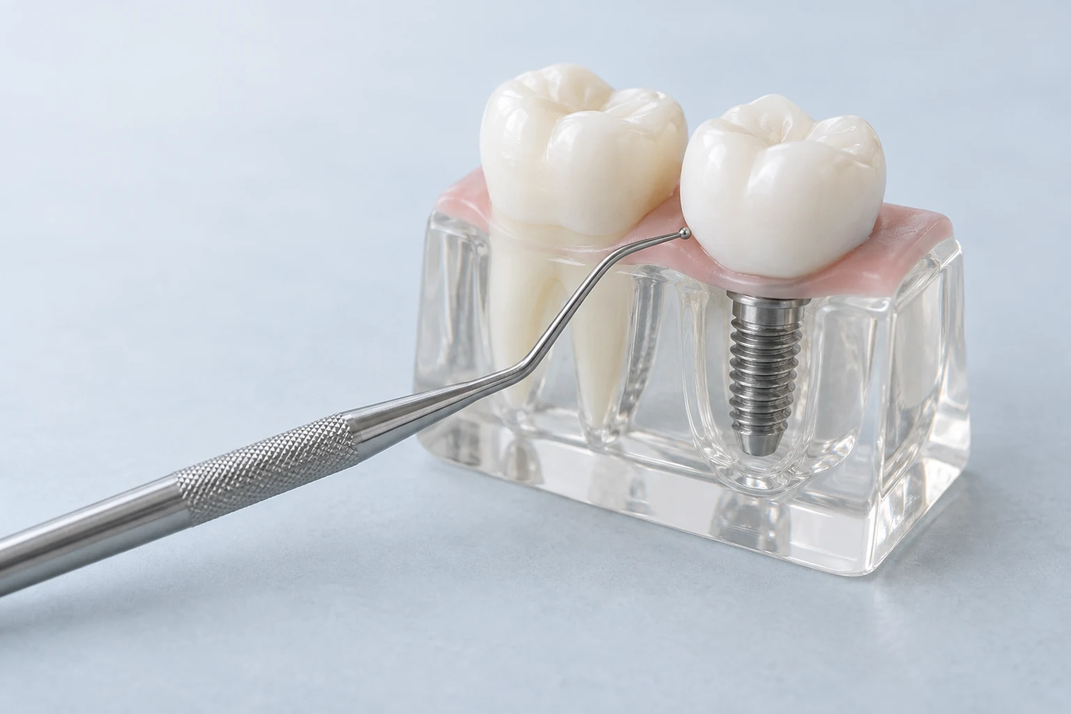 Sonde d’examen près de la gencive artificielle d’un modèle d’implant dentaire.