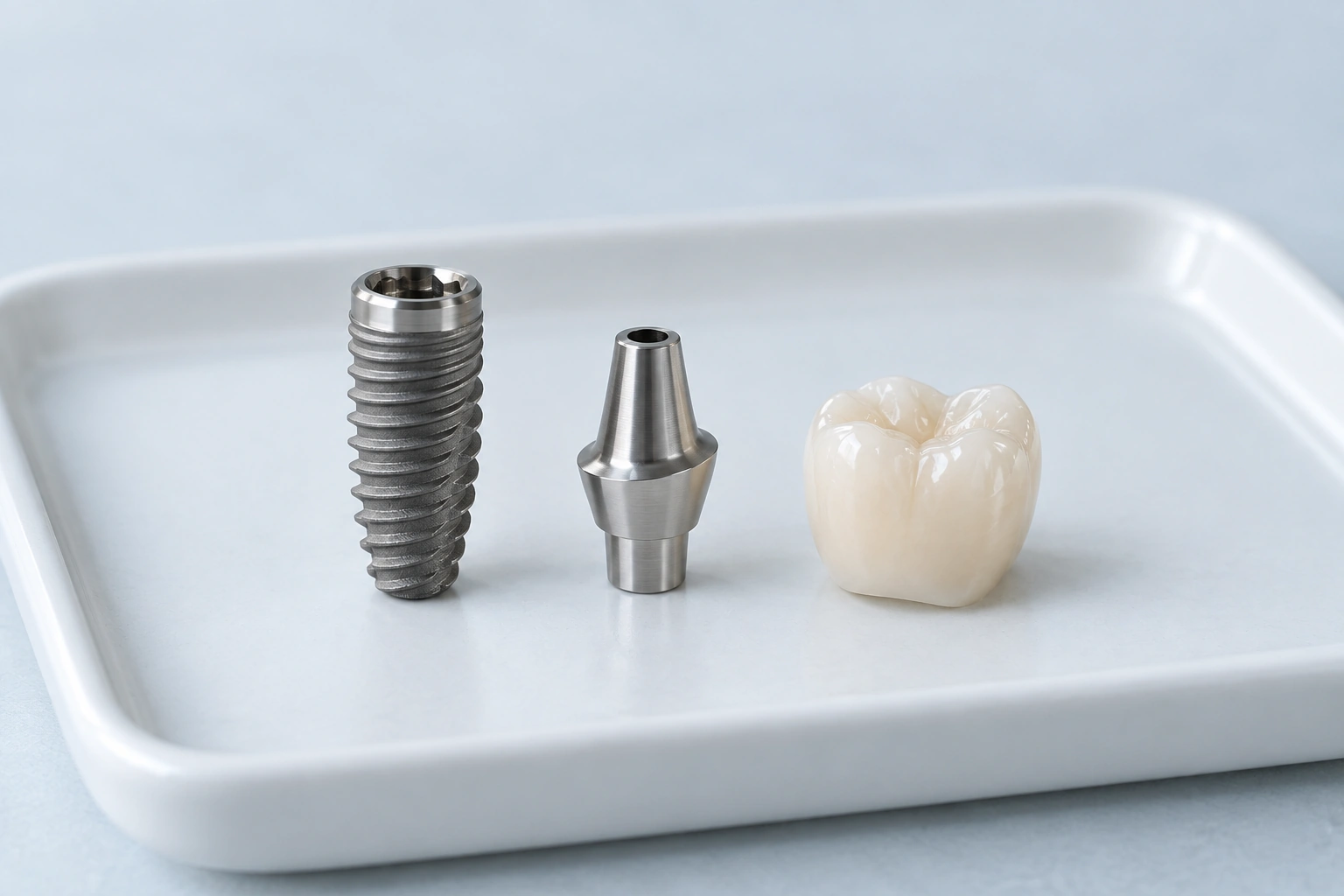 Implant, pilier et couronne dentaire présentés séparément sur un plateau.